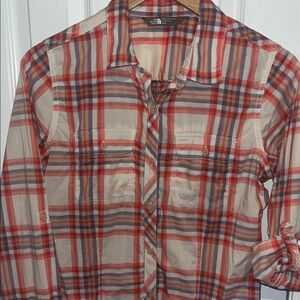 The North Face 100% Cotton Salmon Cream Blue Plaid Button-Down Convertible Shirt